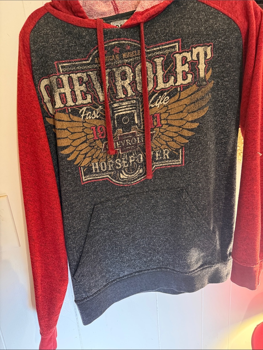 Chevrolet Men's Red and Charcoal Graphic Zip-Up Hoodie Sweater